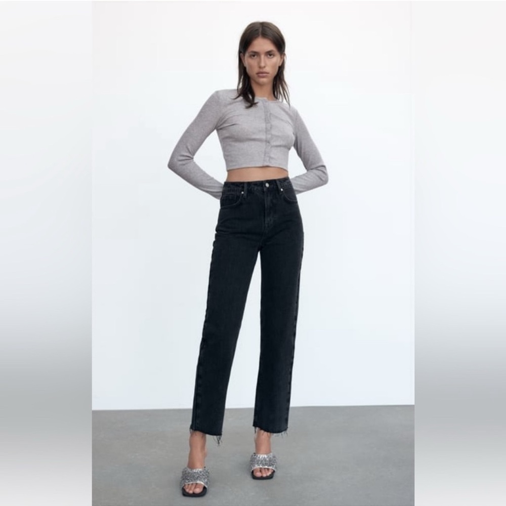 Zara Black High Rise Straight Cropped Rigid  Jeans